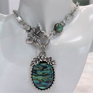 Abalone Shell White Austrian Crystal Silver Butterfly Accent Necklace